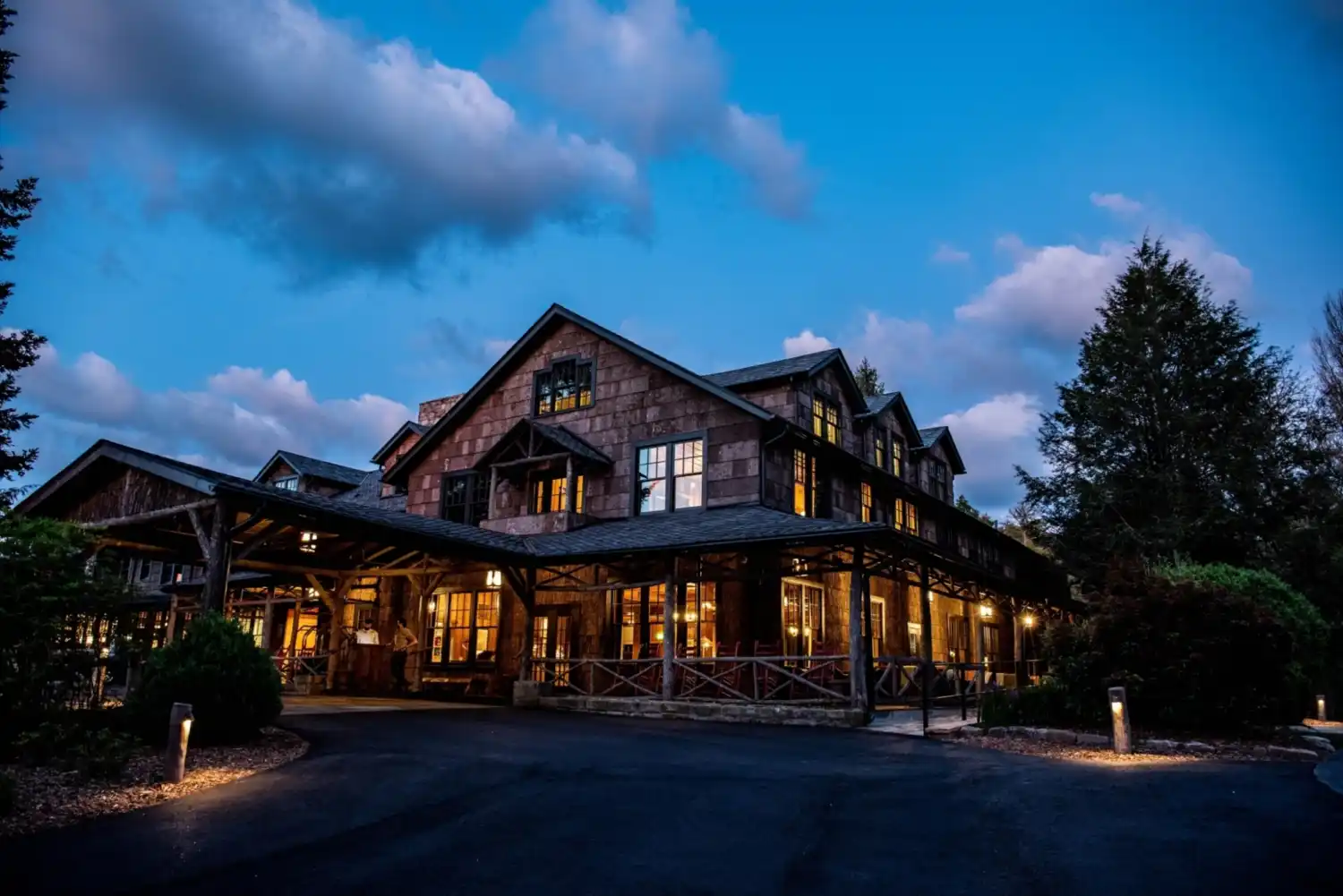 The exterior of High Hampton's Inn at dusk