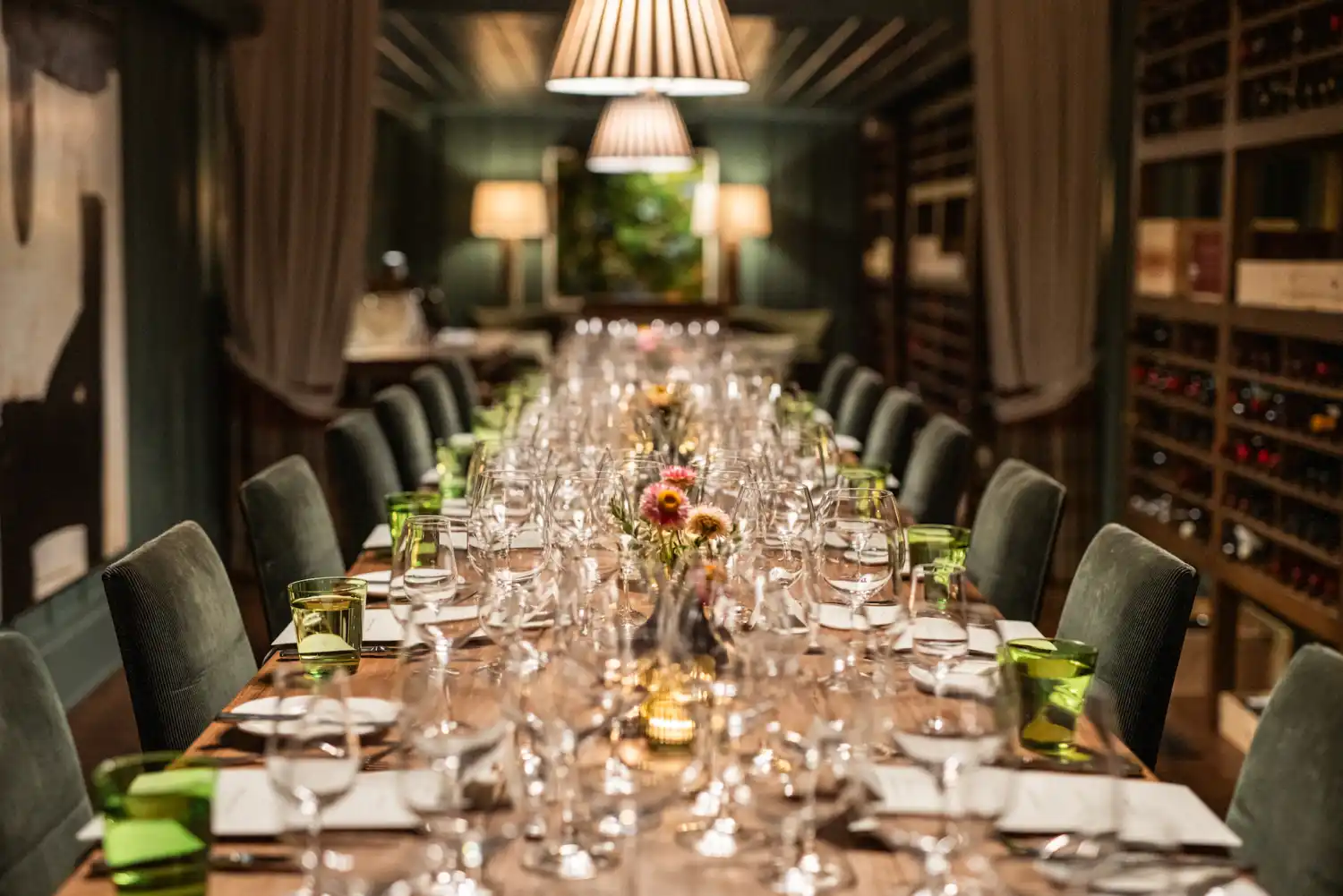 A set dining table in a wine cellar