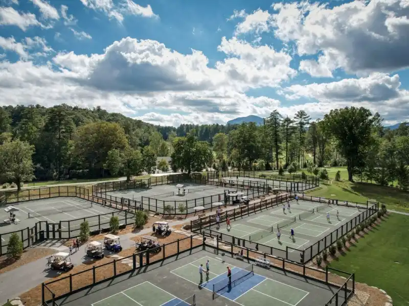 Overview shot of tennis and pickleball courts on a sunny day