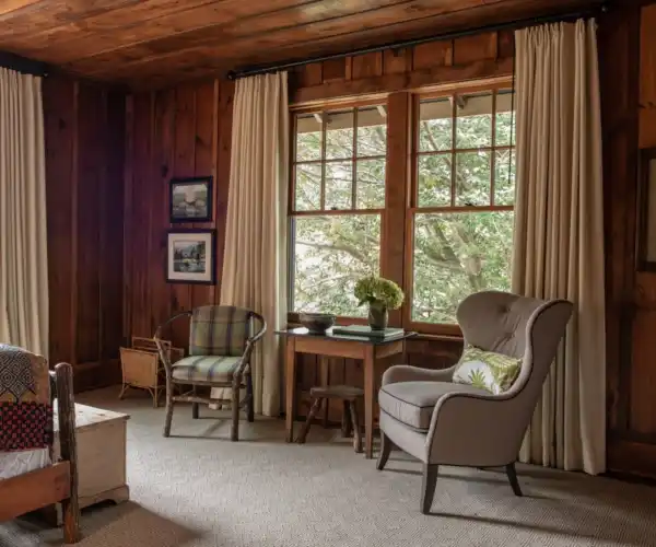 A warmly lit Inn room