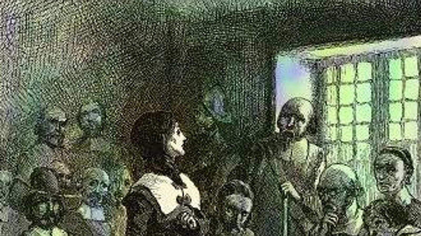 Anne Hutchinson standing defiantly at her trial in front of Massachusetts Bay Colony leaders.