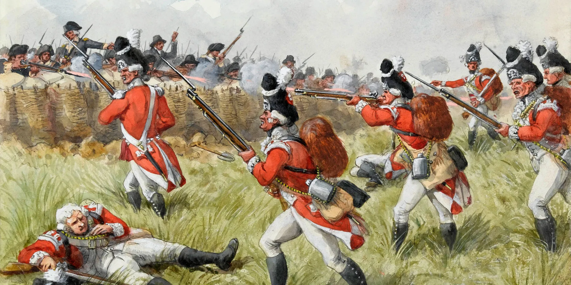 Colonial militiamen fire at British redcoats during the Battles of Lexington and Concord.