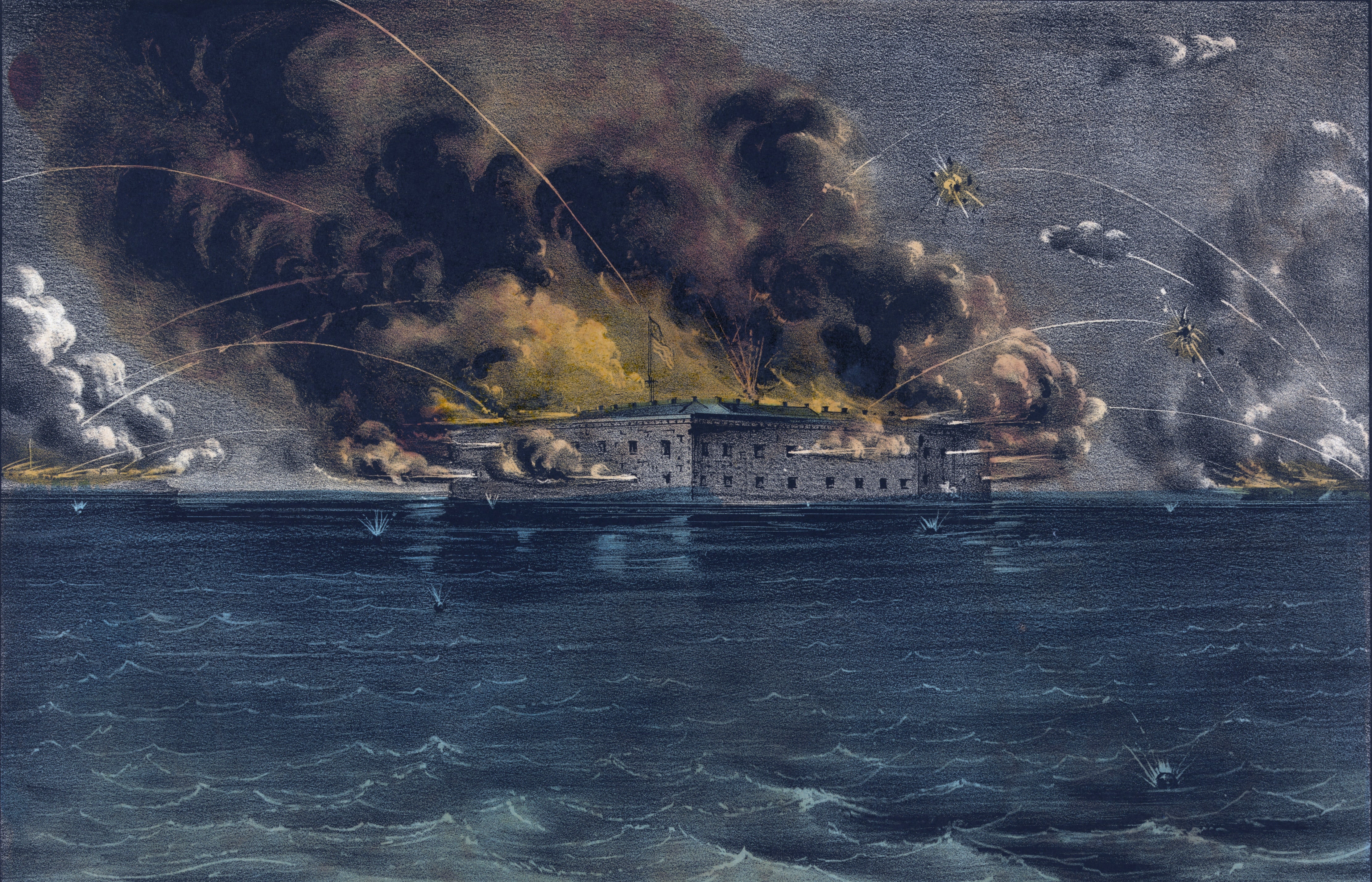 Cannons firing on Fort Sumter as smoke rises from its walls in the Charleston Harbor