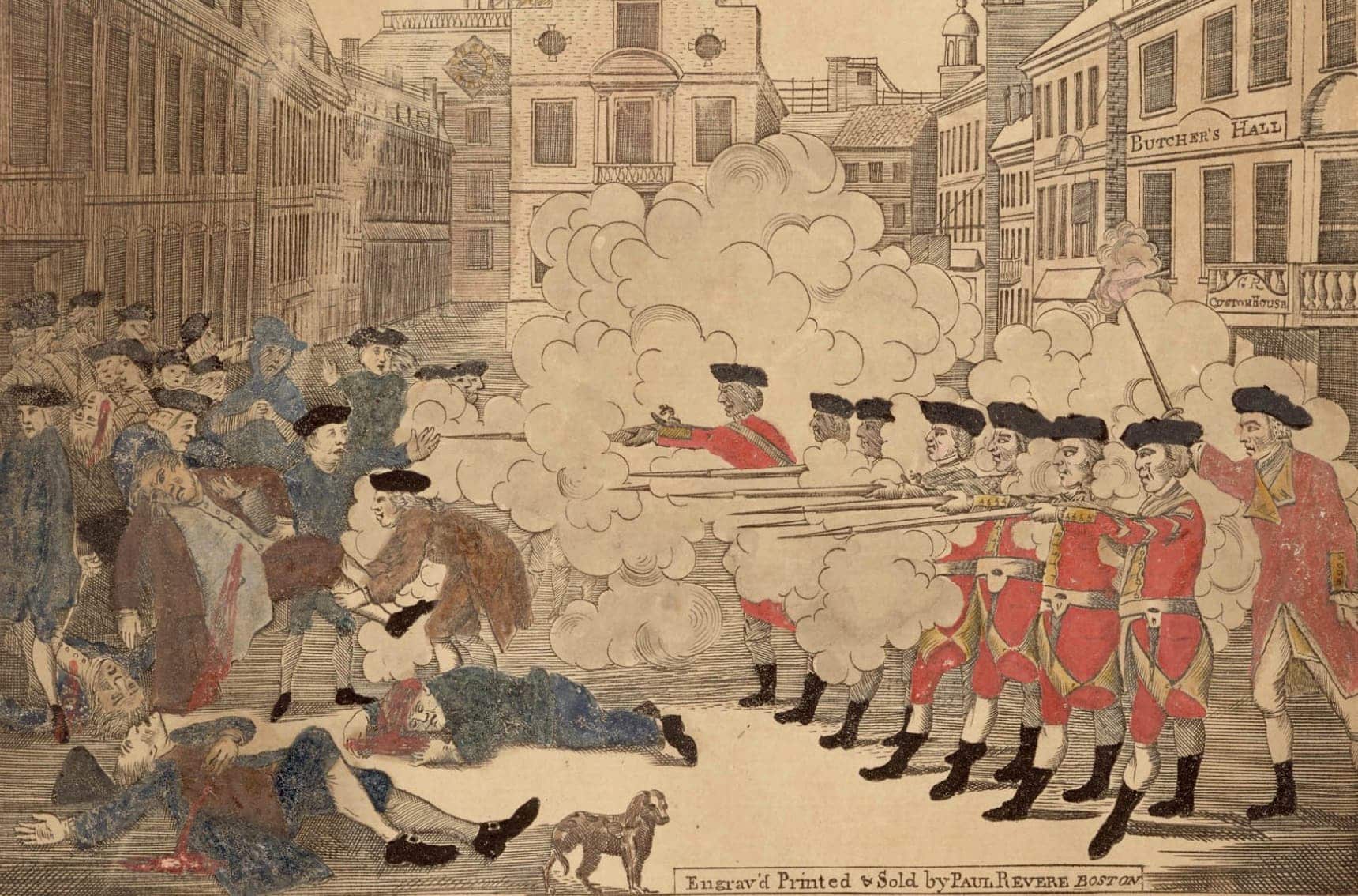 A depiction of the Boston Massacre, showing British soldiers firing into a crowd of unarmed colonists on King Street in Boston.