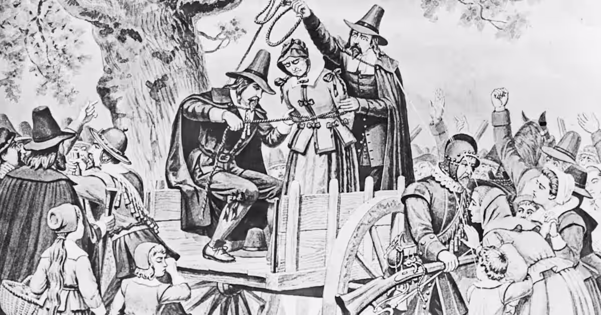Bridget Bishop standing defiant at the gallows in colonial Salem.