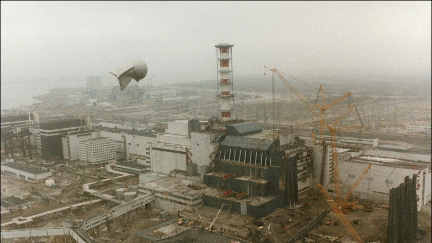 Aerial view of the destroyed Chernobyl nuclear reactor and the surrounding contaminated zone