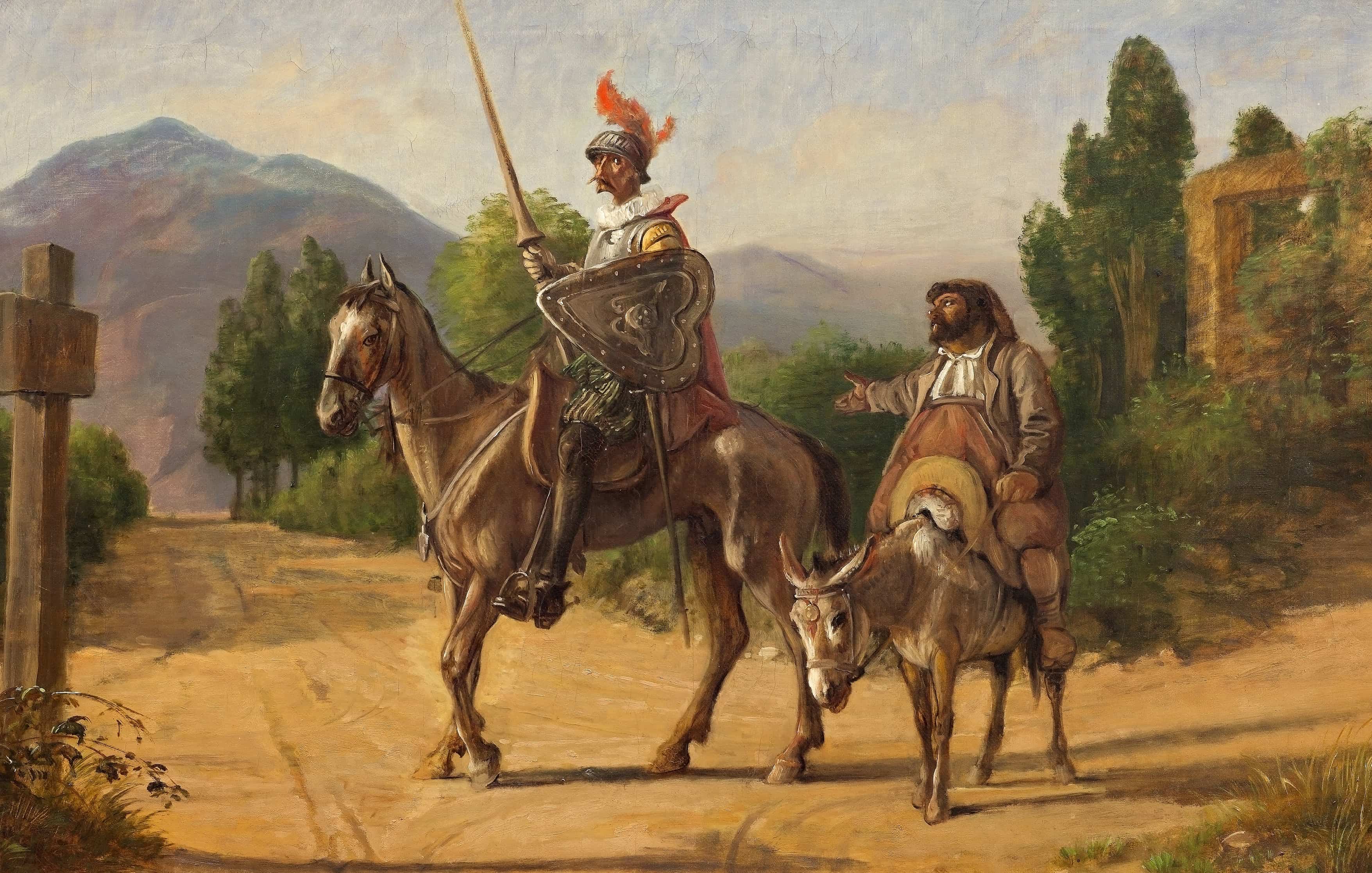 Illustration of Don Quixote charging at windmills, a famous scene from the novel