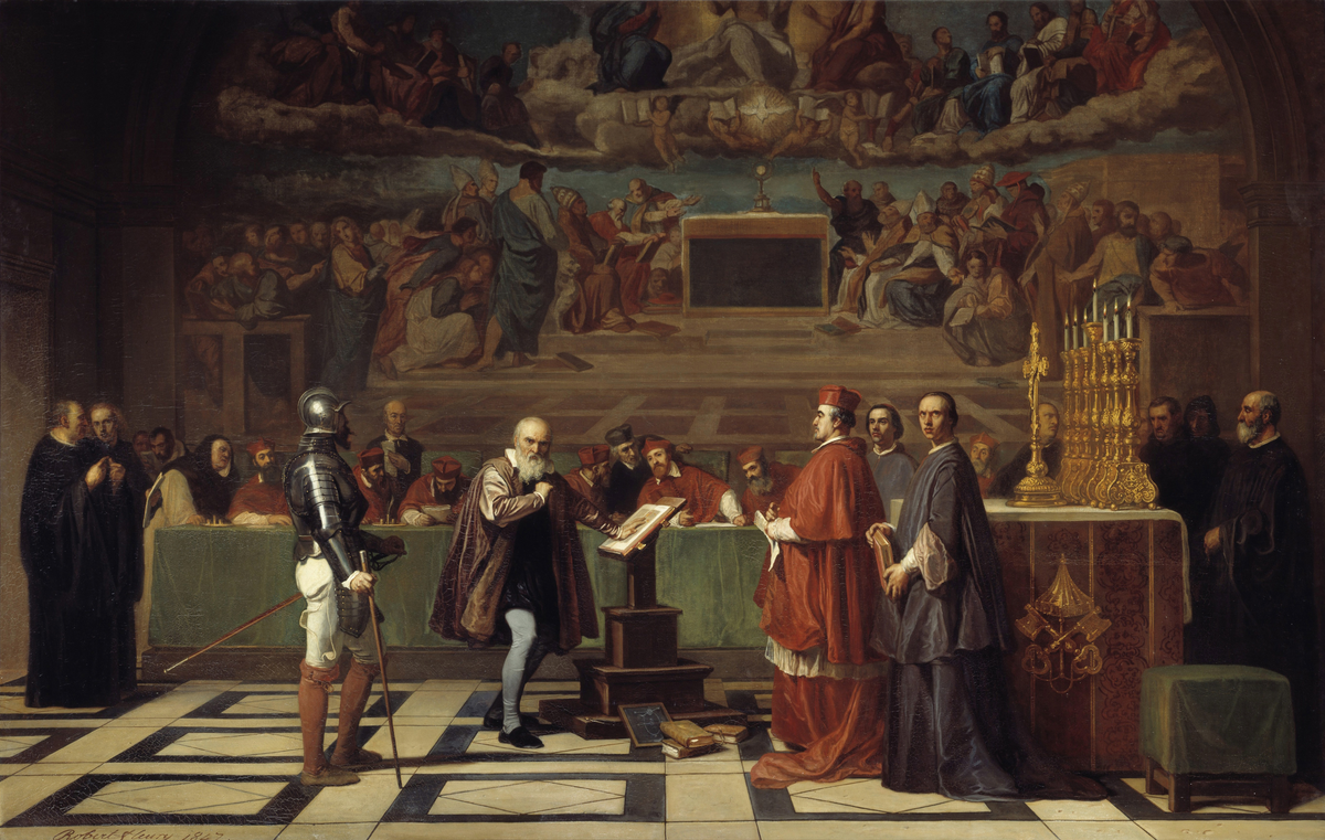 A dramatic scene of Galileo Galilei before the Roman Inquisition, defending his support of the heliocentric model.