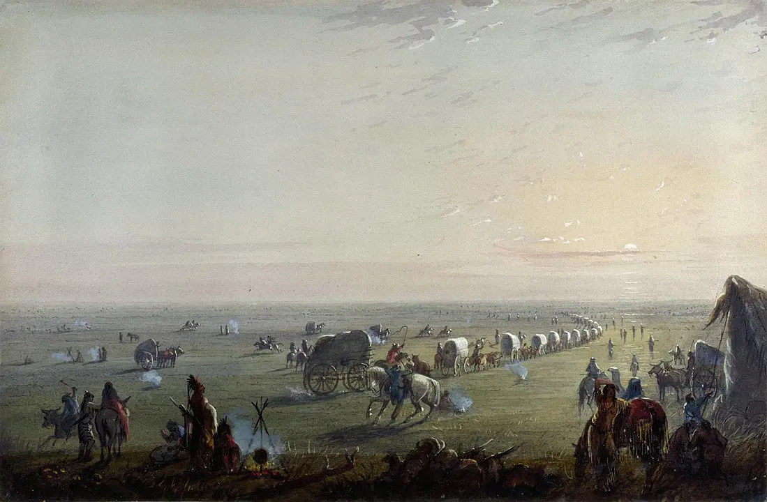 Illustration of covered wagons rolling across the Great Plains during the Great Emigration of 1843.