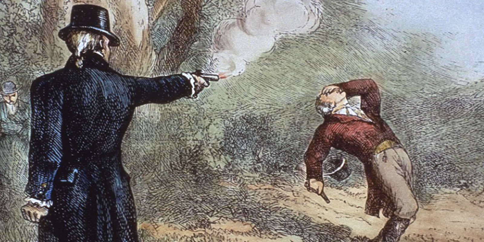 A painted reenactment of the Hamilton-Burr duel at Weehawken, showing Burr taking aim and Hamilton collapsing after being hit.