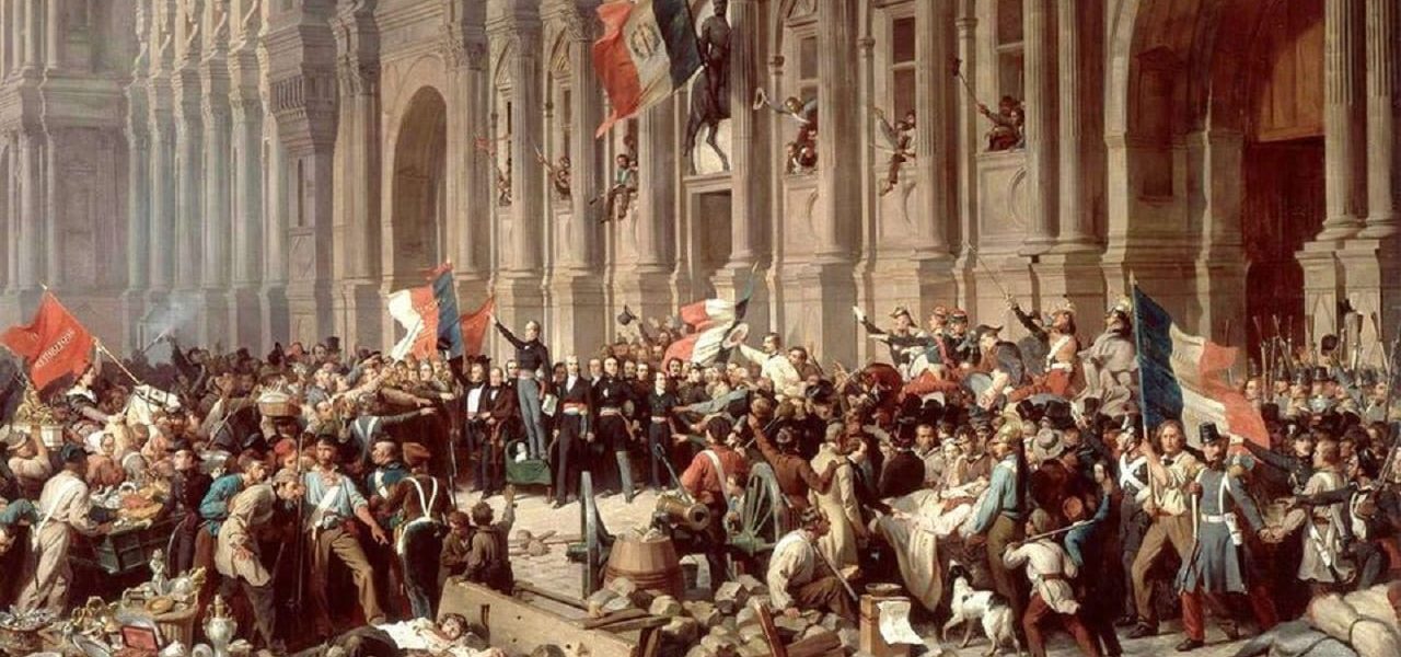 A painting depicting the February 1848 Revolution in Paris, with protesters storming the streets and barricades.