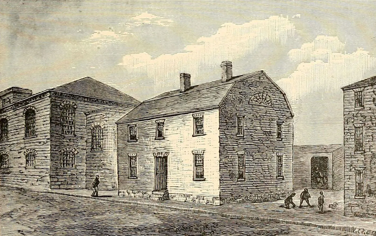 An illustration of Boston Latin School in colonial America, the first public school in the United States.