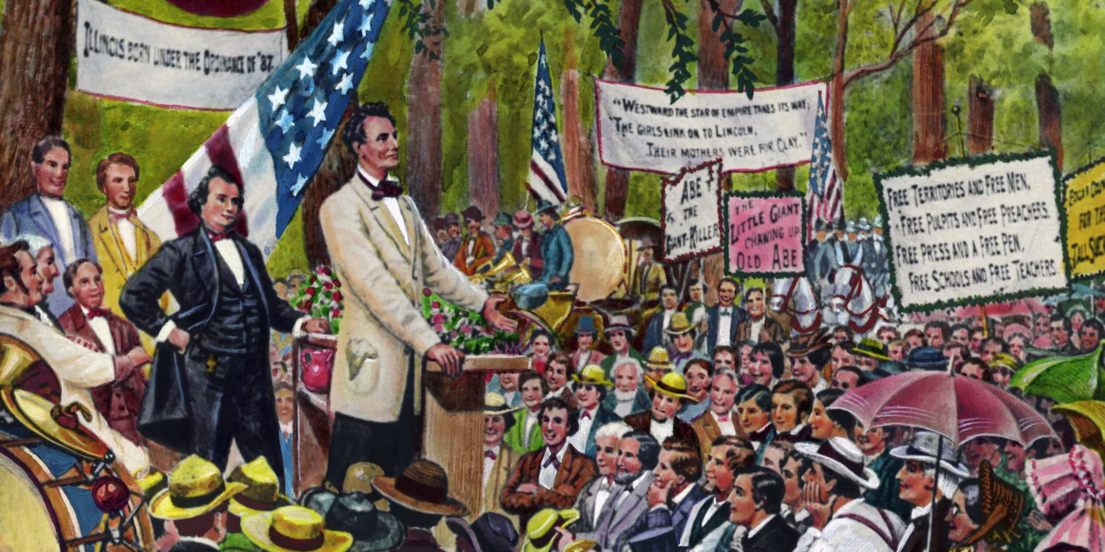 Abraham Lincoln standing at a podium delivering his House Divided speech to the Illinois Republican Convention.