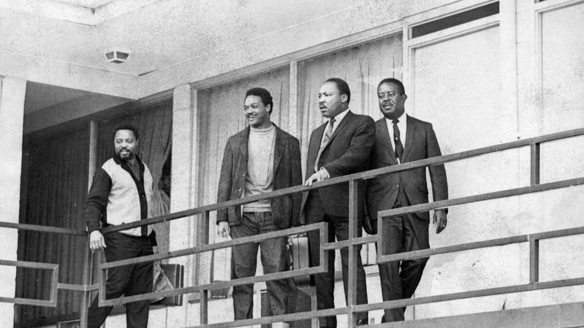 Dr. Martin Luther King Jr. on the balcony of the Lorraine Motel, photographed in the days leading up to his assassination.