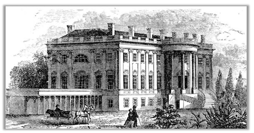 Portrait of President John Adams with a backdrop of early Washington, D.C.