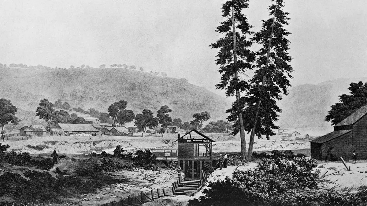 A historic depiction of gold miners at Sutter’s Creek, California