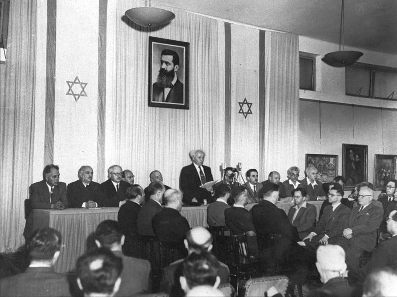 David Ben-Gurion reading the Declaration of Independence of Israel in Tel Aviv, 1948