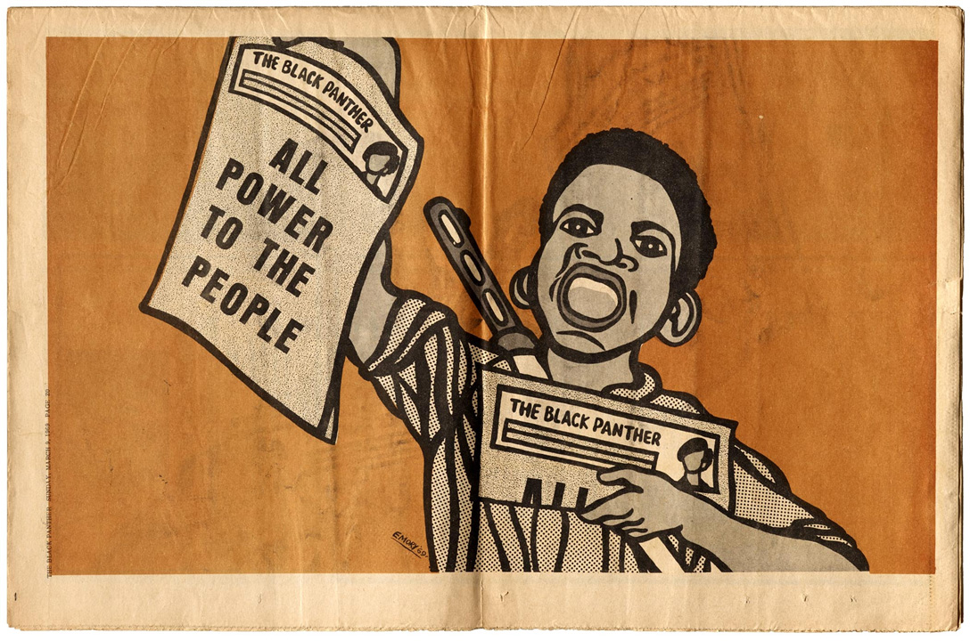A poster by Emory Douglas reading ‘All Power to the People!’ with vivid, dynamic figures demanding justice.