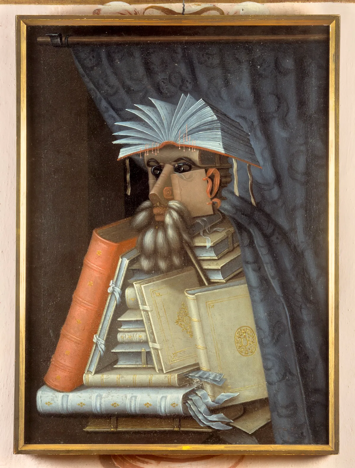 A portrait composed entirely of stacked books and scrolls representing a scholar or collector.