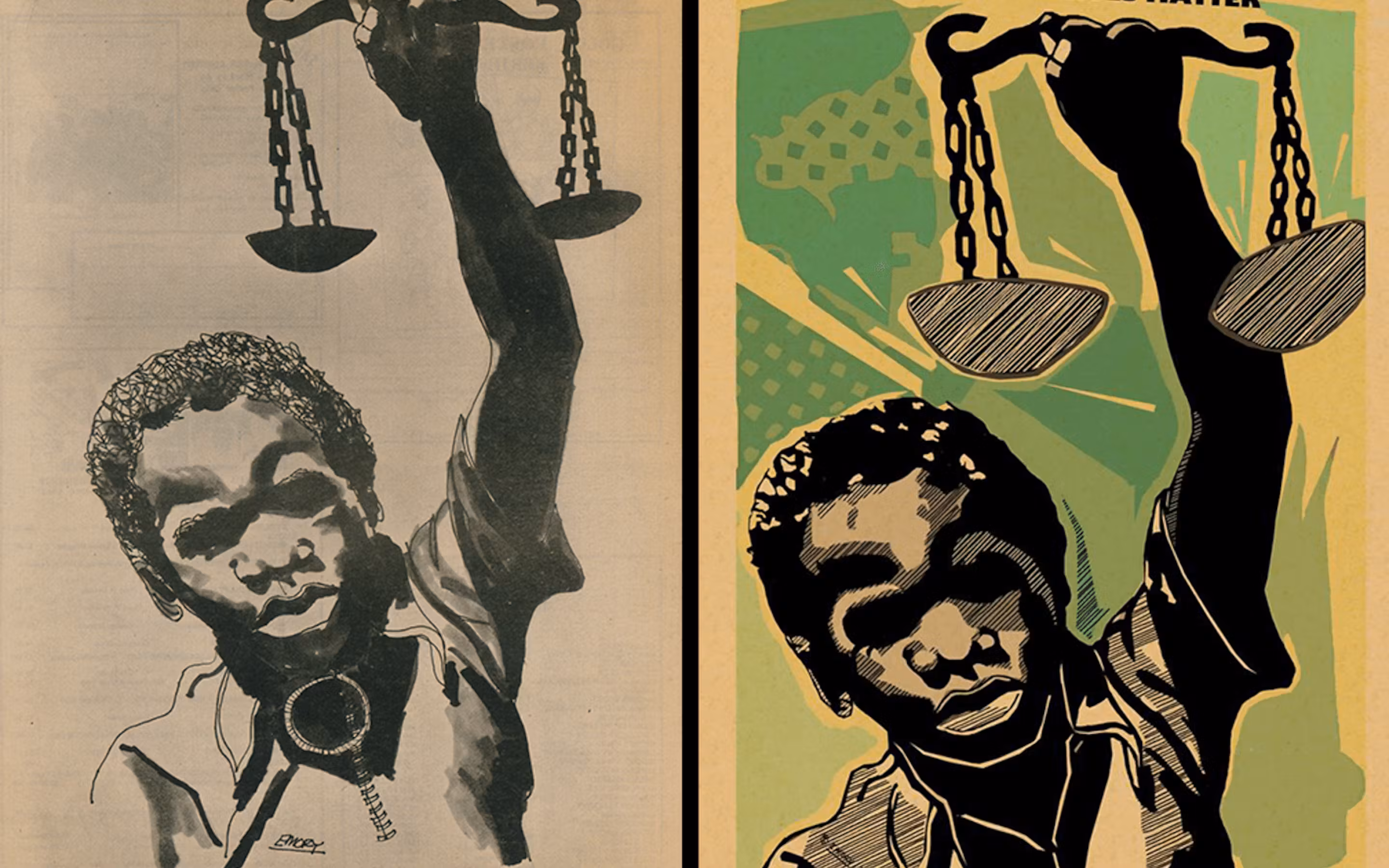 An Emory Douglas piece spotlighting police brutality, with forceful imagery of oppression balanced by unity and hope.