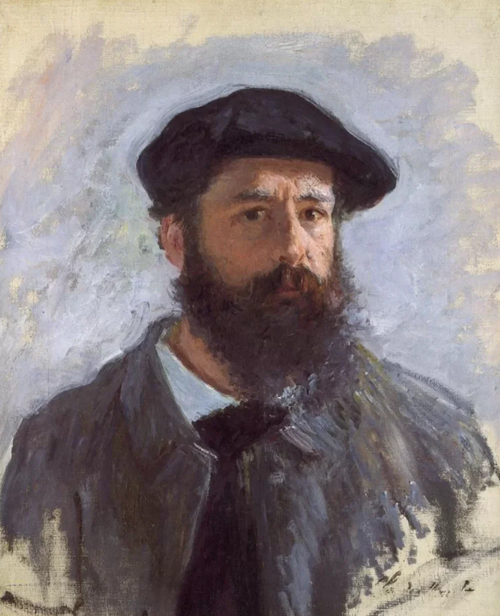 Claude Monet with a long beard, standing in his lush garden in Giverny, holding a paintbrush and palette
