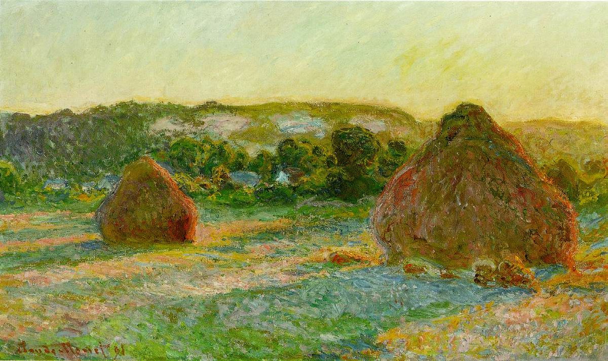 A series of haystacks glowing in different colors under changing sunlight