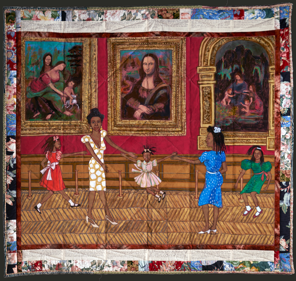 Dancing at the Louvre shows joyful Black figures claiming space within a traditionally white art institution, weaving personal narrative with art history.