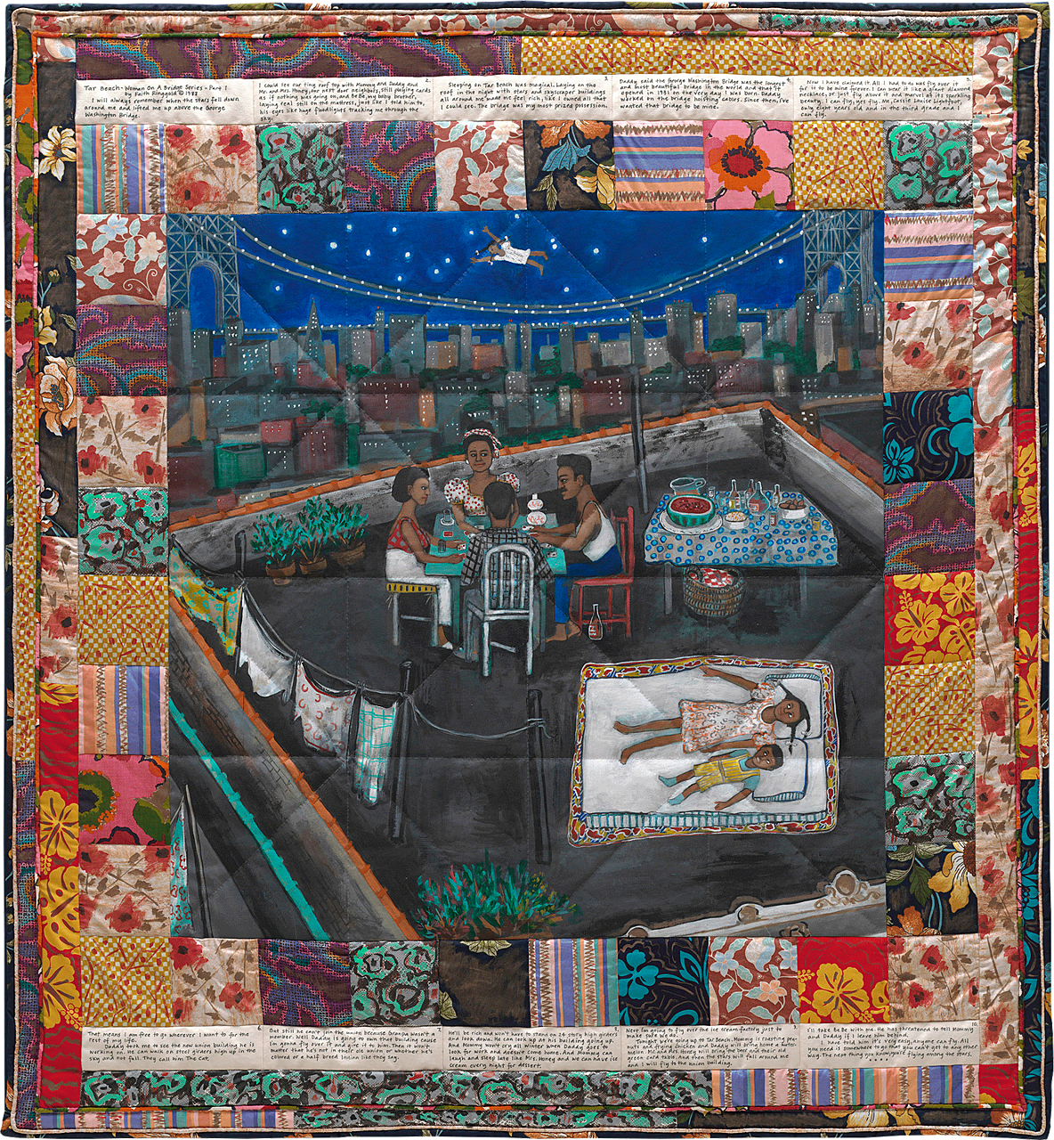 A vibrant quilted rooftop scene in Tar Beach by Faith Ringgold, blending family memories with the dream of soaring beyond limitations.