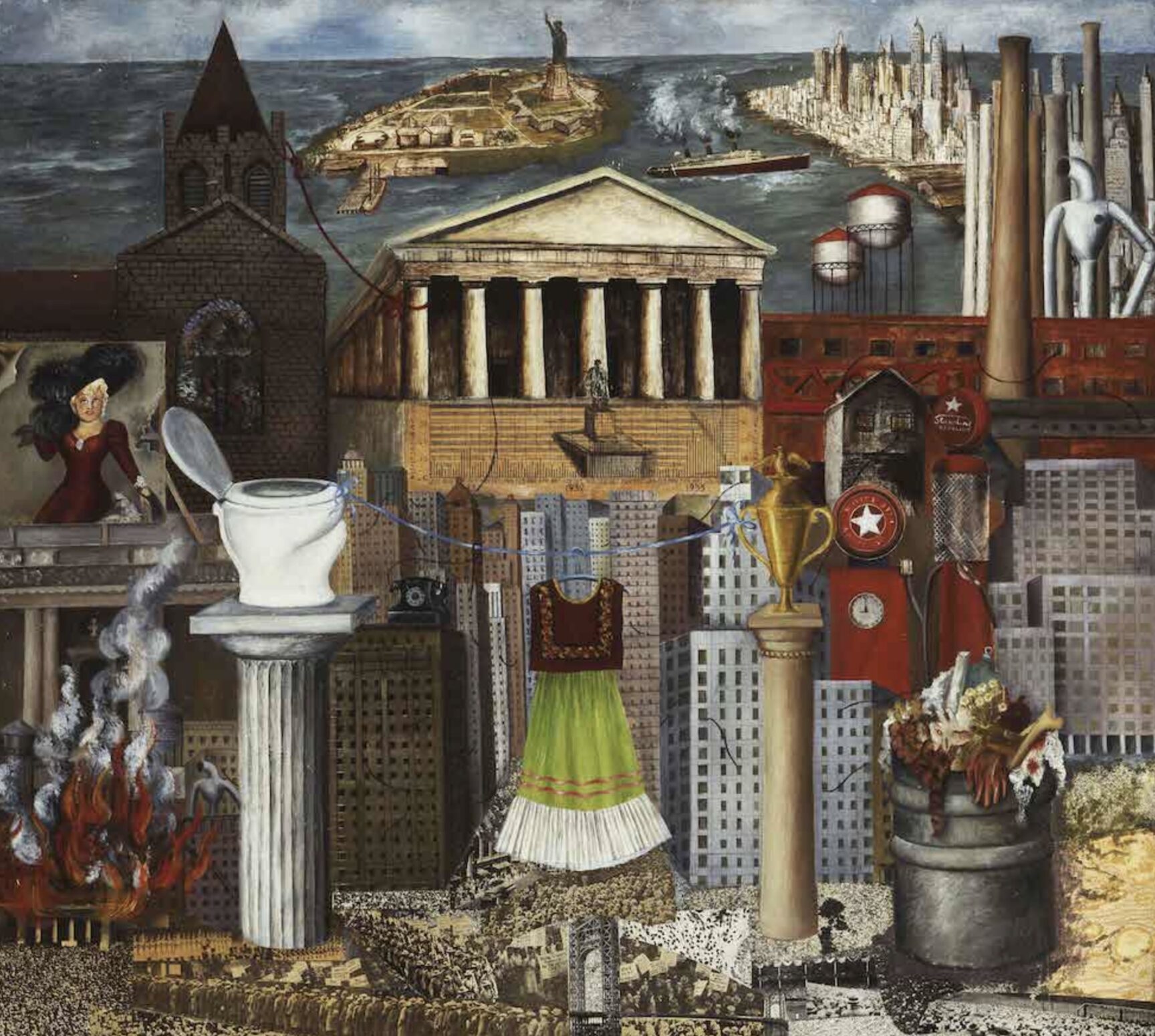 Frida Kahlo was trying to depict the superficiality of American capitalism. This painting is filled with the icons of the modern industrial society of the United States but implied that society is decaying and the fundamental human values are destructed.