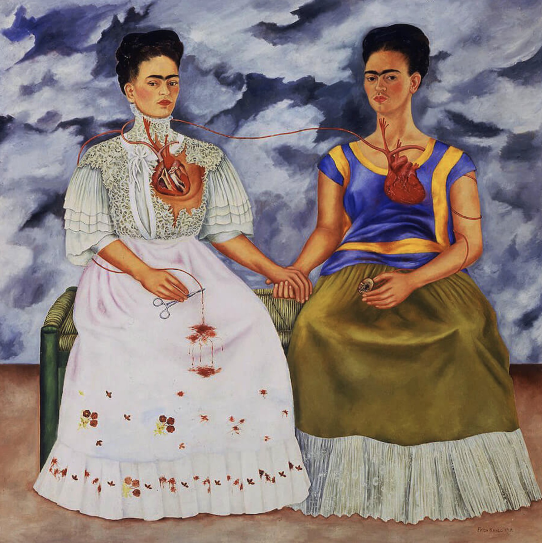 Frida Kahlo's 'The Two Fridas' shows her dual heritage and emotional struggle, one heart exposed and bleeding, the other intact but yearning—two selves stitched together by love and pain.