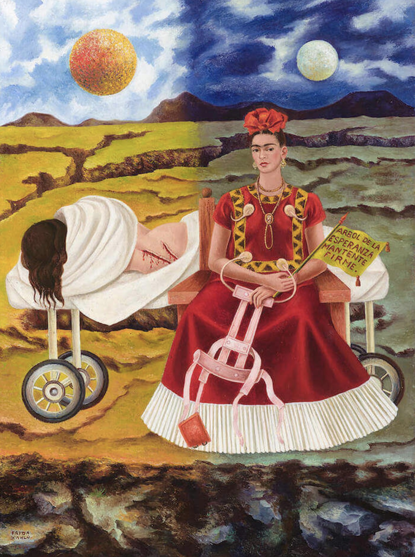 In this painting, under the gloomy sky, the sun and moon divided the background into two halves of light and dark. In the middle, Frida was sitting there and weeping in a read Tehuana costume.