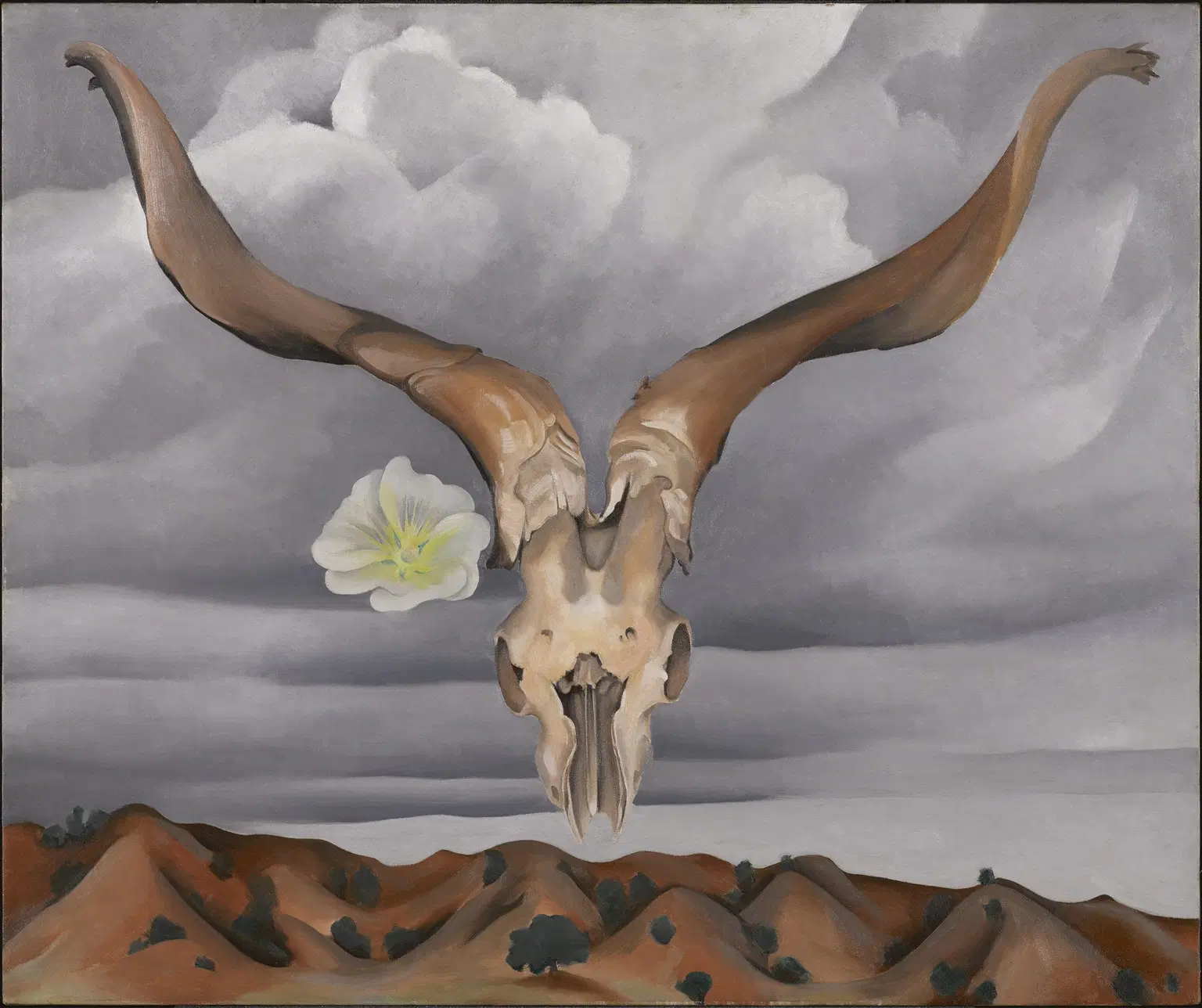 A skull floats over a desert landscape in Georgia O’Keeffe’s painting, blending death, nature, and beauty in a hauntingly iconic way.