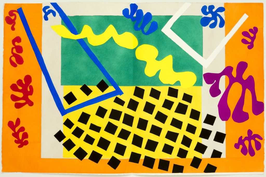 Working with scissors and sheets of gouache-painted paper, he cut various shapes—from the organic to the geometric—and arranged them into lively compositions.