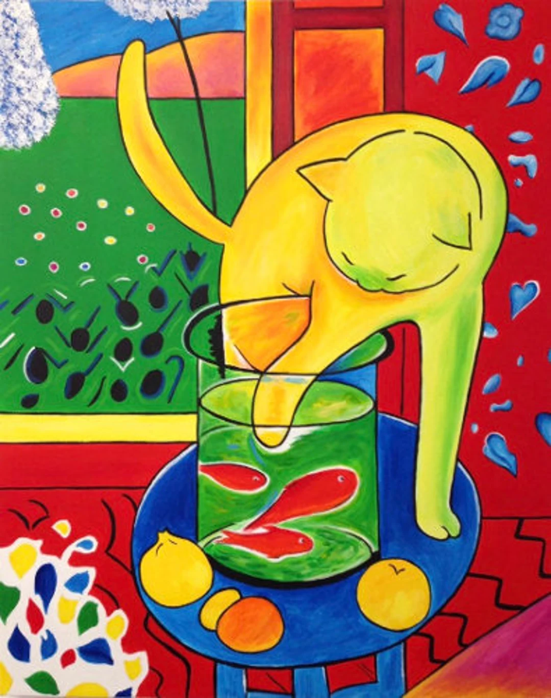 Matisse’s Cat With Red Fish features a cat, possibly one of Matisse's own named Minouche, Coussi, or La Puce, alongside a red goldfish in a bowl. The painting is a good example of Matisse's Fauvist style, known for its bold colors and decorative elements.