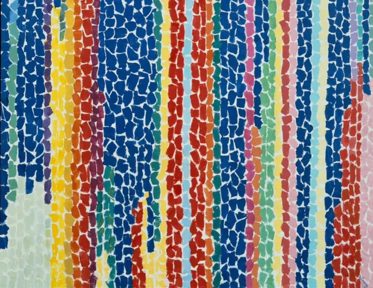 Iris, Tulips, Jonquils and Crocuses – a jubilant mosaic of spring flowers rendered in Thomas’s signature vertical dabs of color.