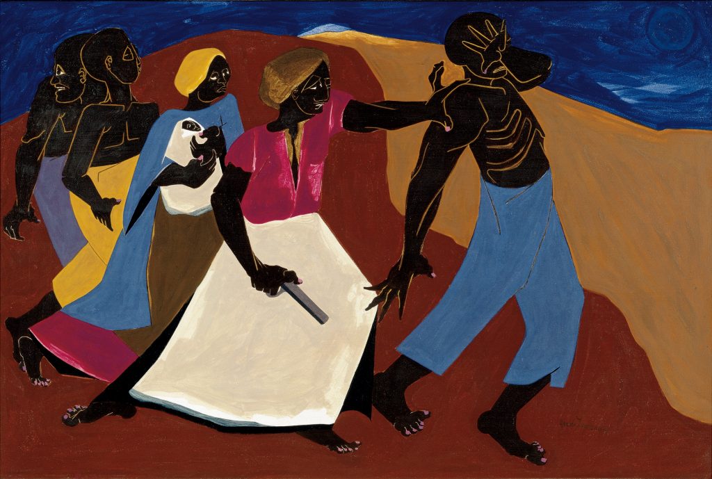 Harriet Tubman Series, portraying Tubman’s courageous missions along the Underground Railroad in Lawrence’s signature flat-color style.
