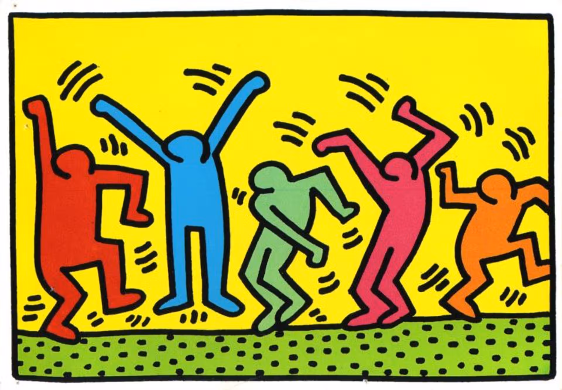 Colorful dancing figures in Haring’s bold lines, suggesting unity and joy through vibrant shapes and outlines.