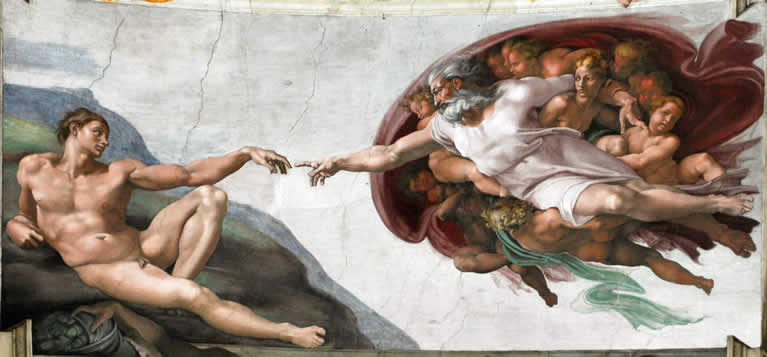 The Creation of Adam, Michelangelo’s fresco masterpiece on the Sistine Chapel ceiling, capturing the spark of divine creation.