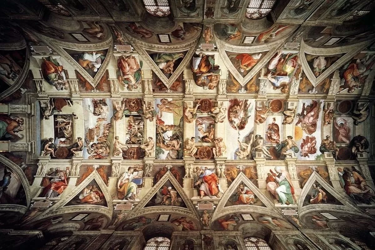 The Last Judgment fresco in the Sistine Chapel, filled with dynamic, muscular figures in a cosmic moment of reckoning.