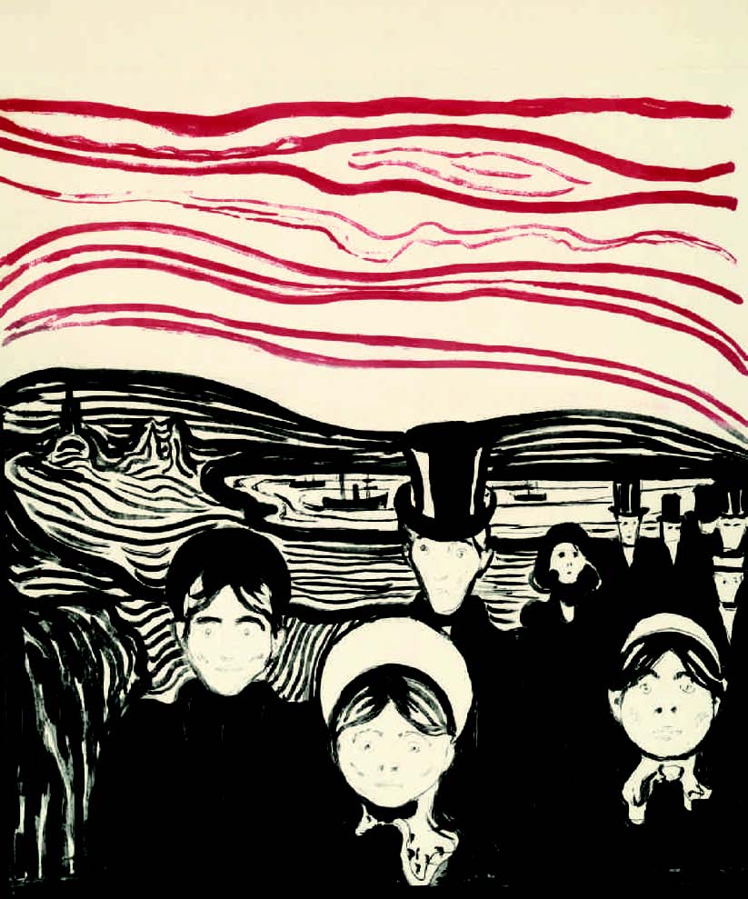 Anxiety by Edvard Munch, depicting anxious figures on a bridge beneath a fiery red sky.