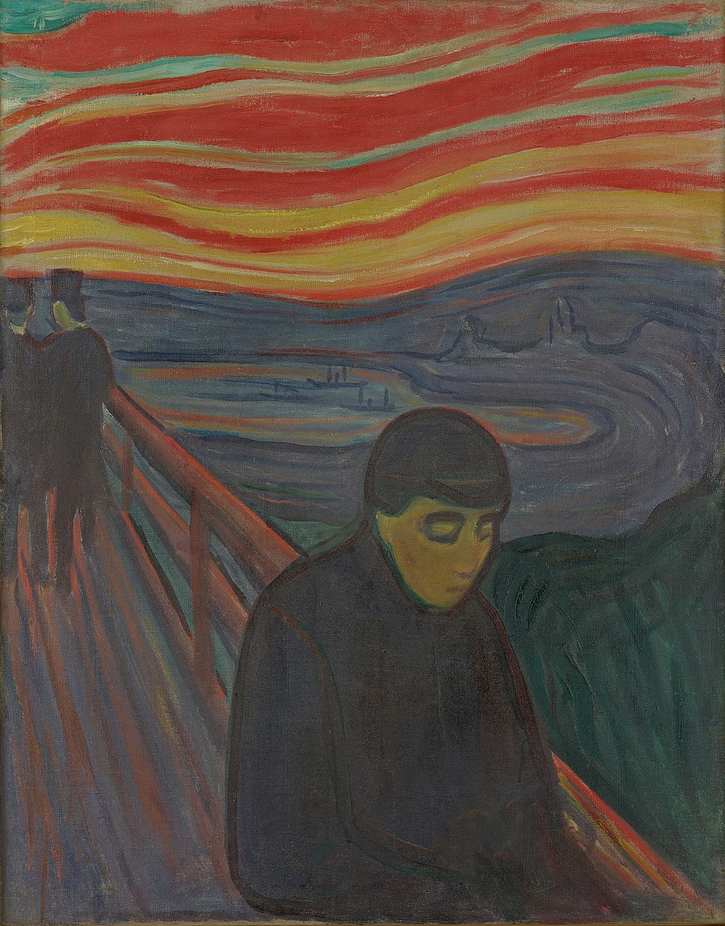 Despair by Edvard Munch, showing a lonely figure leaning on a railing with a vivid orange sunset behind.
