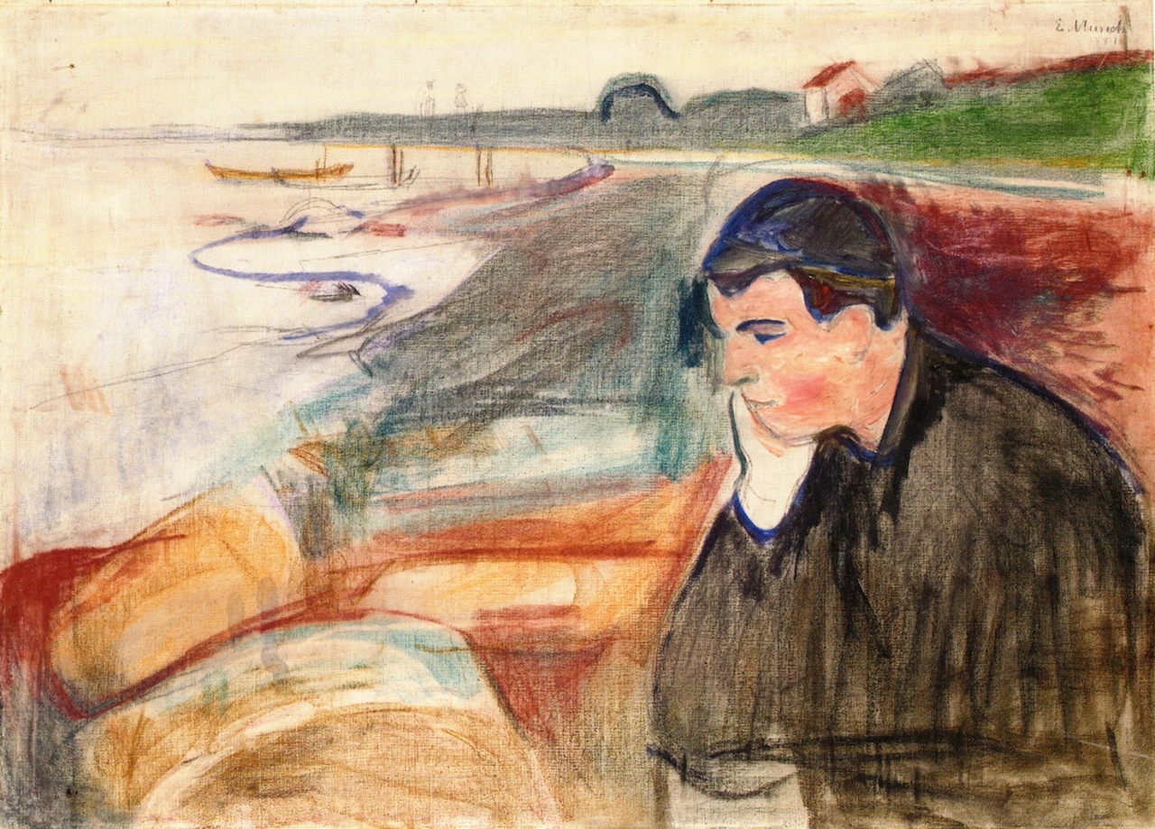 Evening Melancholy by Edvard Munch, a somber man sitting near the sea, immersed in deep thought.