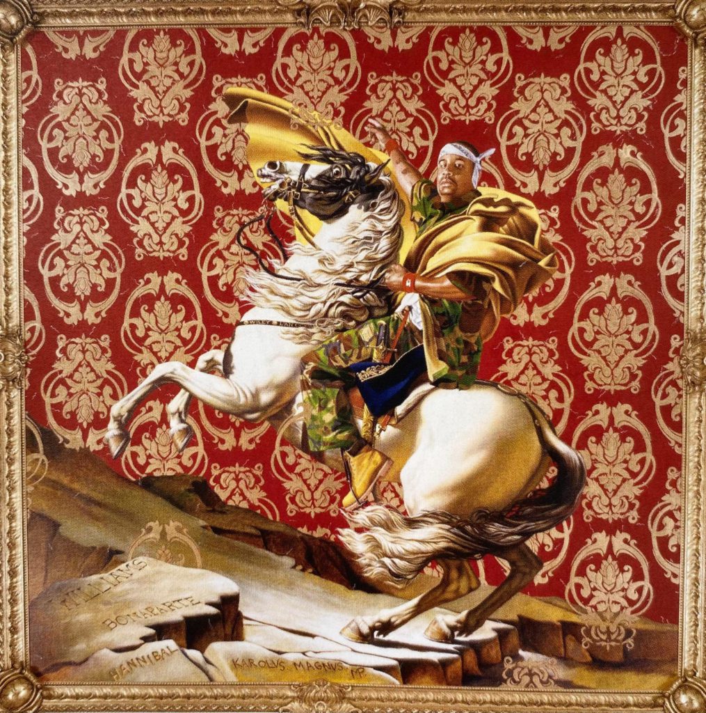 Napoleon Leading the Army over the Alps: Wiley’s modern twist on Jacques-Louis David’s classic painting, substituting a Black subject in streetwear.