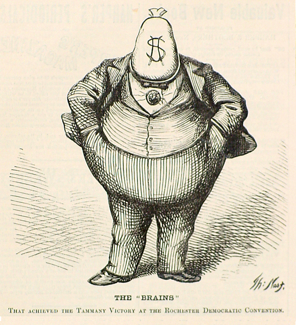 Thomas Nast’s cartoon targeting Boss Tweed, showing Tweed as a bloated figure of corruption, surrounded by Tammany Hall cronies.