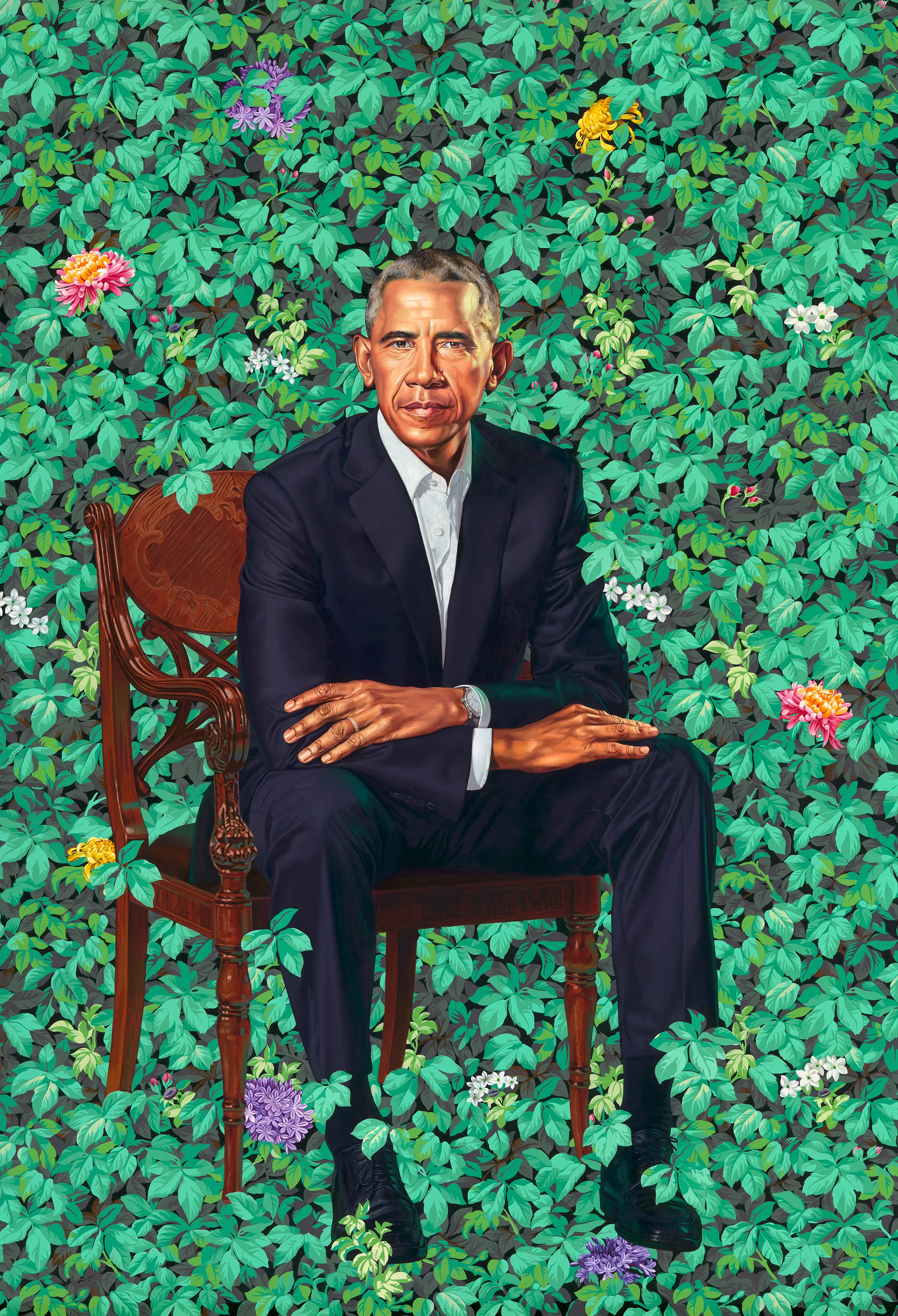 Kehinde Wiley’s portrait of Barack Obama, seated against a backdrop of vibrant leaves and flowers, merging historical grandeur with modern symbolism.