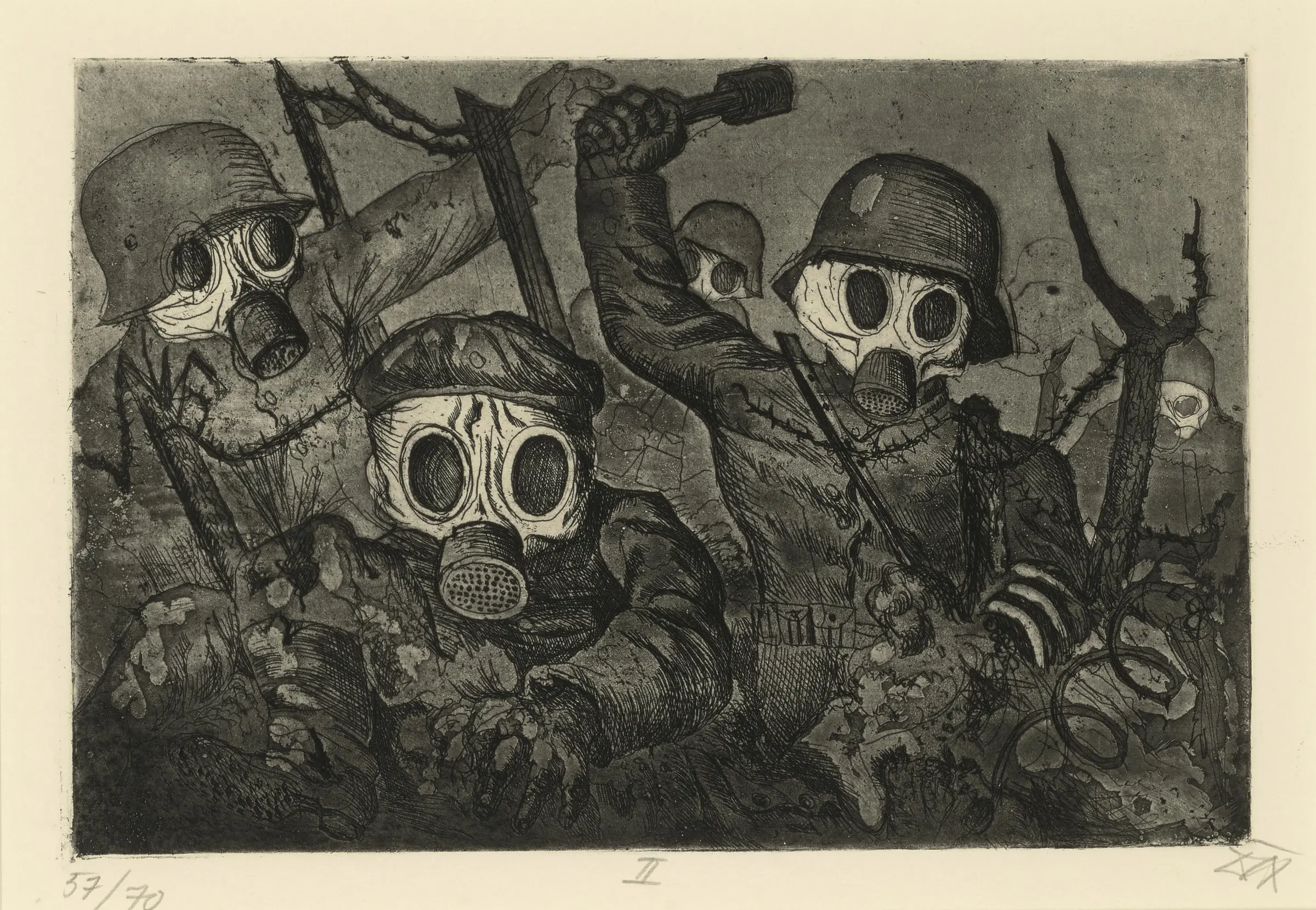 a cycle of 50 etchings, aquatints, and drypoints, unflinchingly shows the horrors of trench warfare and the aftermath of battle, featuring dead, dying, and shell-shocked soldiers, bombed-out landscapes, and graves