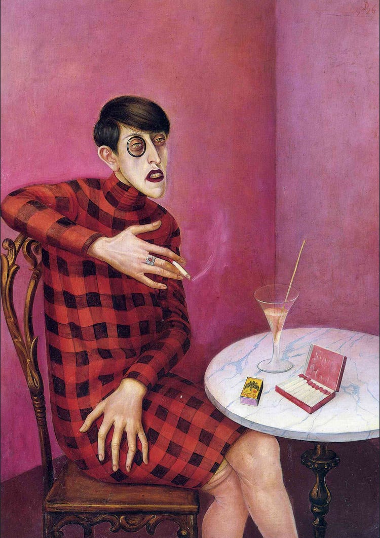 Dix veered toward social satire, developing a grotesque, exaggerated aesthetic associated with the Neue Sachlichkeit (New Objectivity) movement