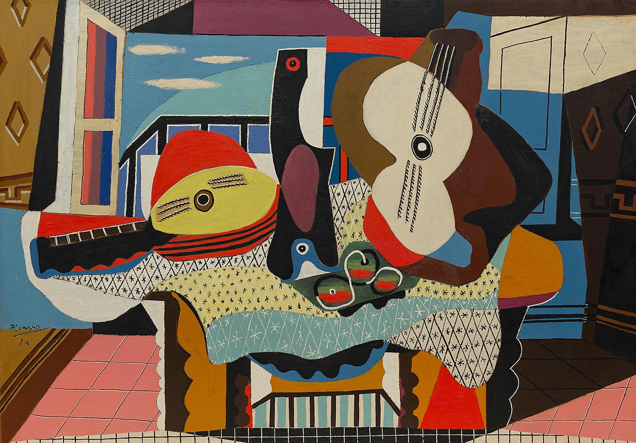 The undulating lines, ornamental patterns, and broad chromatic elements of Mandolin and Guitar foretell the emergence of a fully evolved sensual, biomorphic style in Picasso’s art.