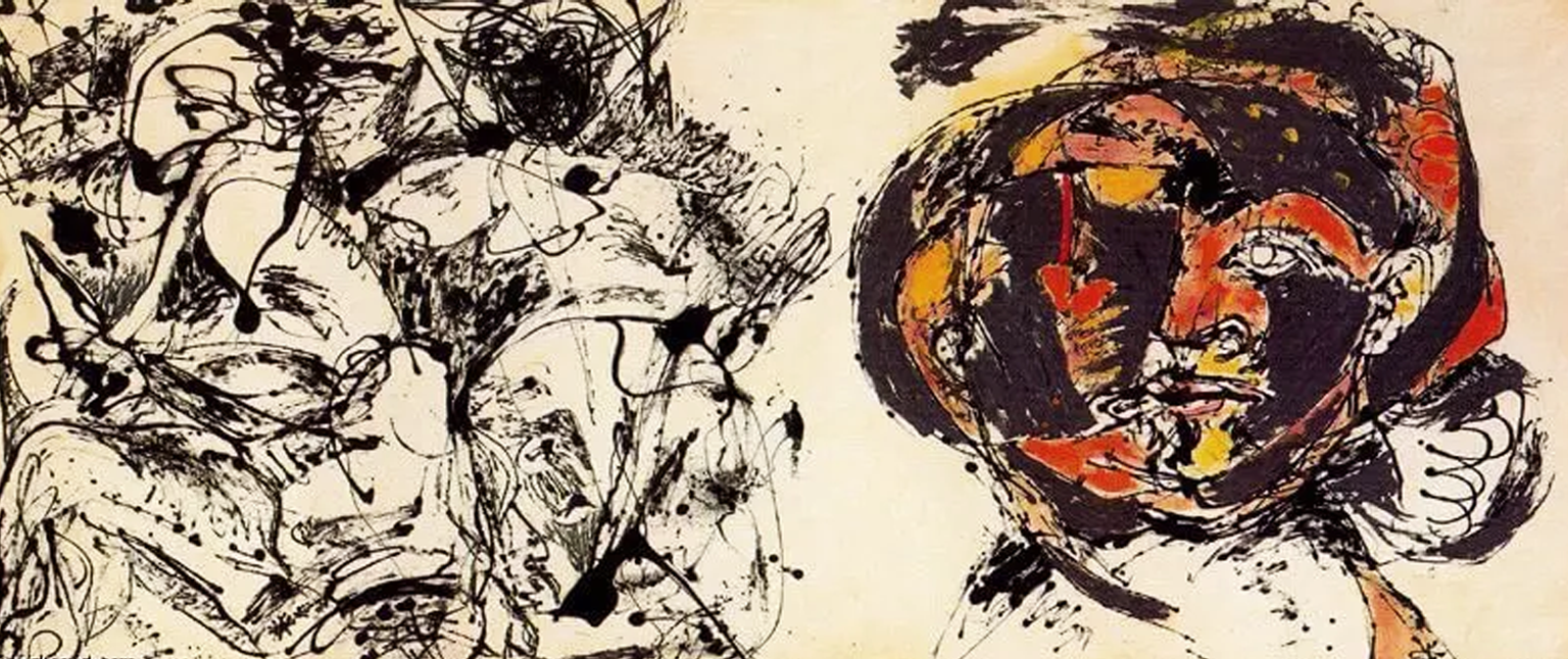 Portrait and a Dream by Jackson Pollock, contrasting halves of vivid abstraction and figurative suggestion.