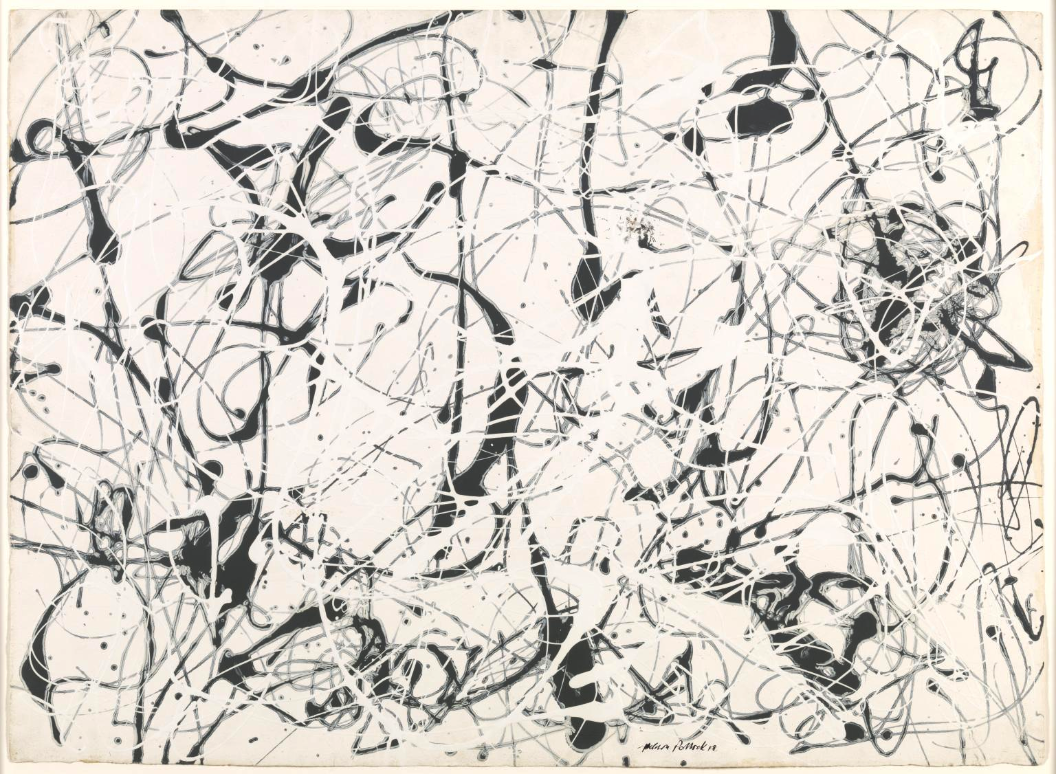 Number 23 (1948) by Jackson Pollock, a dense composition of looping, intersecting drips in neutral tones.